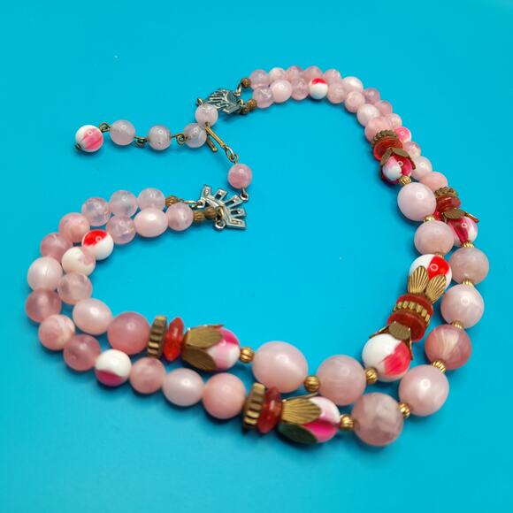 Vintage Pink Lucite Bead Necklace, Two Strands, Mid-Century, 17 1/2" - Picture 9 of 11